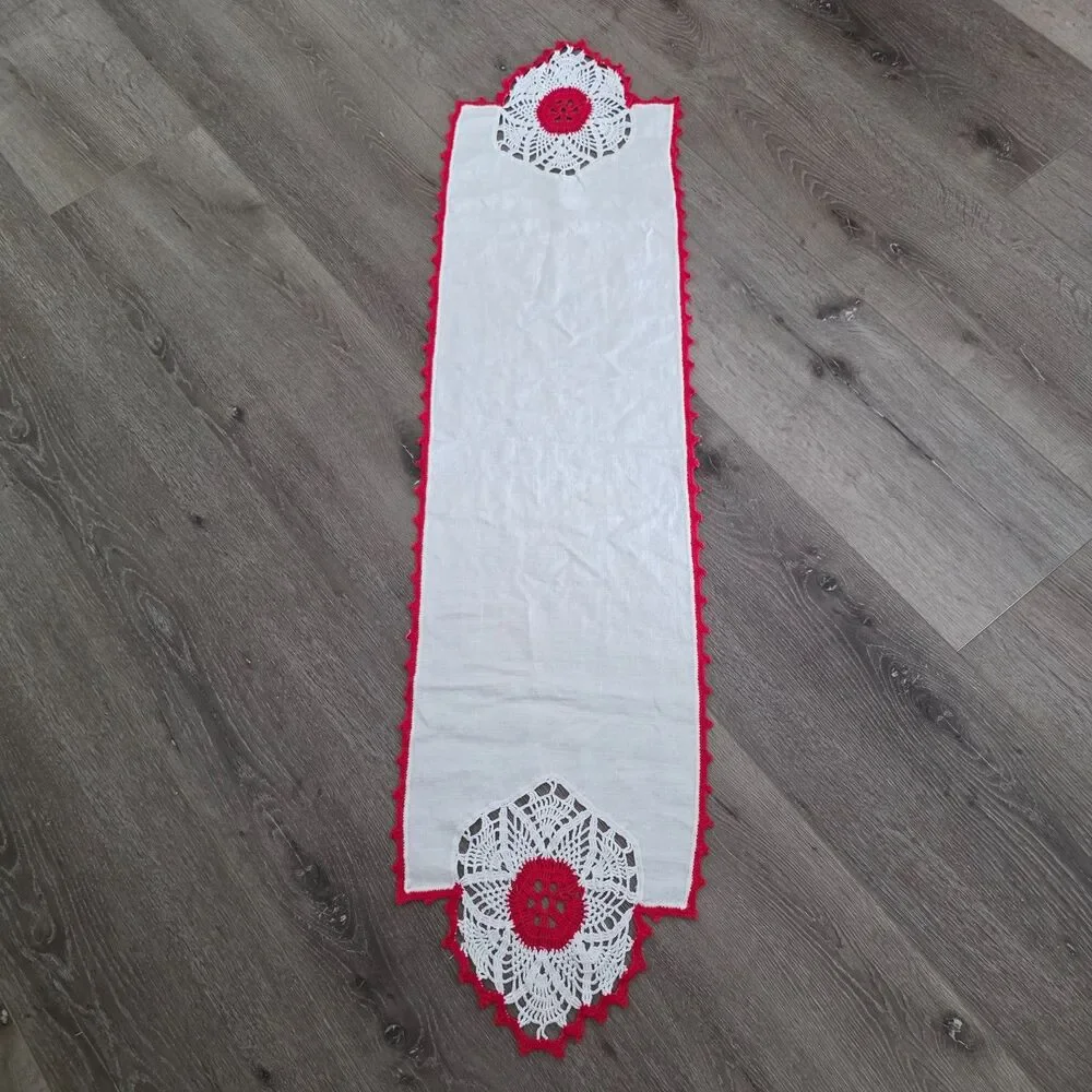Vtg Hand Embroidered Cross Stitch Crocheted Linen Table Runner Dresser Scarf